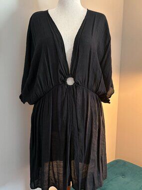 Time and Tru Black Sheer Cover Up 2X Boho Ring Detail Beach Swim Kaftan